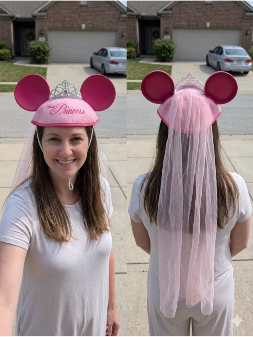 Disney Parks Princess Ear Hat Adult Pink Tiara Crown Rhinestone Beanie Veil Cap